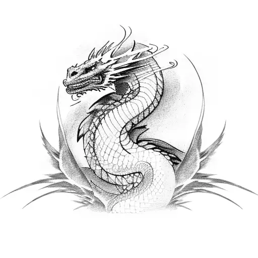 dragon & phoenix synergistic art with fire rising up neck to cover natural hair line of man's head  tattoo design idea