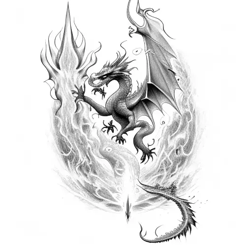 synergistic half dragon half phoenix with fire rising up neck to cover natural hair line of man's head  tattoo design idea
