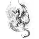half dragon half phoenix synergistic art with fire rising up neck to cover natural hair line of man's head  tattoo design idea