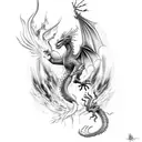 half dragon half phoenix synergistic art with fire rising up neck to cover natural hair line of man's head  tattoo design idea