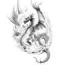 half dragon half phoenix synergistic art with fire rising up neck to cover natural hair line of man's head  tattoo design idea