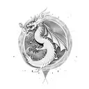 half dragon half phoenix synergistic art with fire rising up neck to cover natural hair line of man's head  tattoo design idea