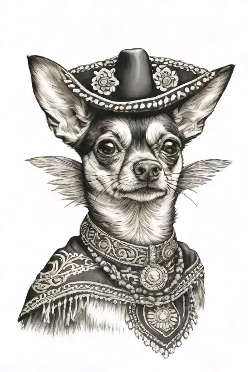 portrait of a chihuahua in traditional mexican cowboy clothing, including a sombrero, poncho, bandana and bandolier tattoo design idea
