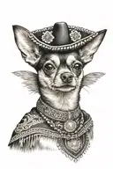 portrait of a chihuahua in traditional mexican cowboy clothing, including a sombrero, poncho, bandana and bandolier tattoo design idea