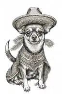 portrait of a chihuahua in traditional mexican cowboy clothing, including a sombrero, poncho, bandana and bandolier tattoo design idea