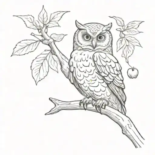 A sketch of a wise owl perched on a branch, with a small apple in its beak as a nod to the teacher's profession tattoo design idea