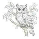A sketch of a wise owl perched on a branch, with a small apple in its beak as a nod to the teacher's profession tattoo design idea