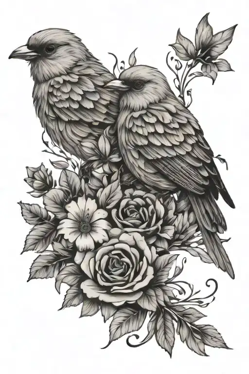 Birds and flowers tattoo design idea