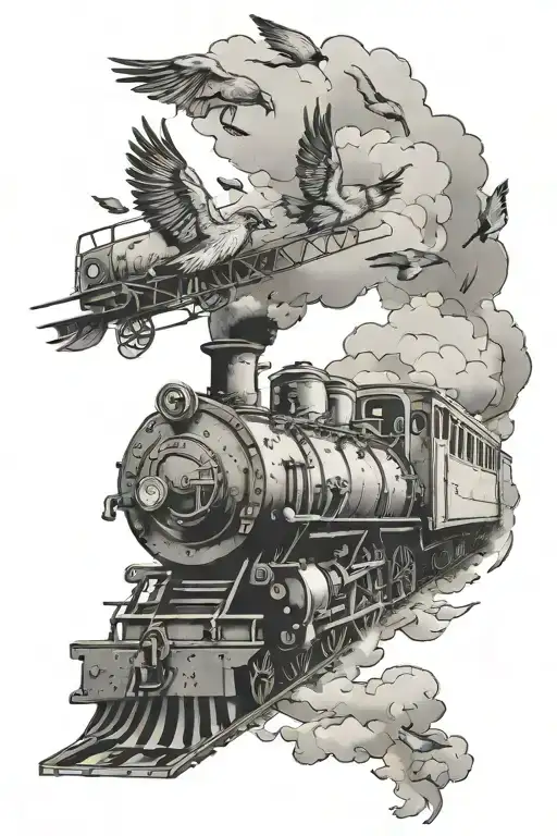 Birds flying with a train passing tattoo design idea