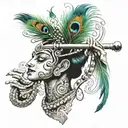 krishna flute with peacock feather and krish wriiten beneath it creatively tattoo design idea