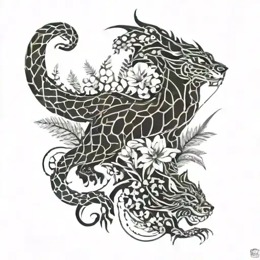dragon and jaguar with ferns and birds tattoo design idea