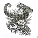 dragon and jaguar with ferns and birds tattoo design idea
