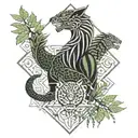 dragon and jaguar with ferns and birds tattoo design idea