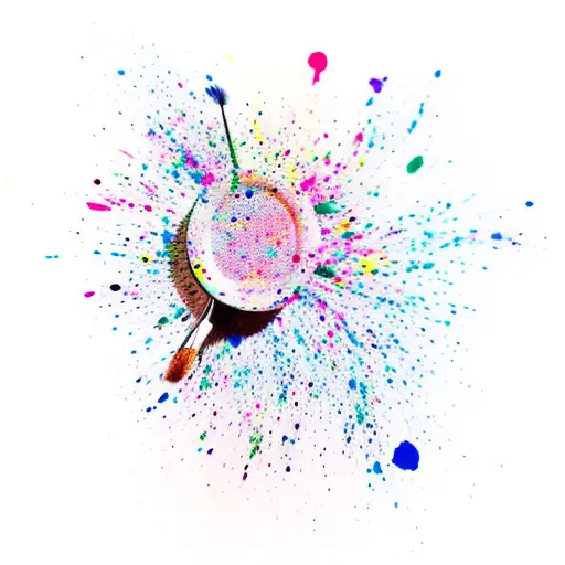 A hand holding a nail polish brush with colorful splatters around it tattoo design idea