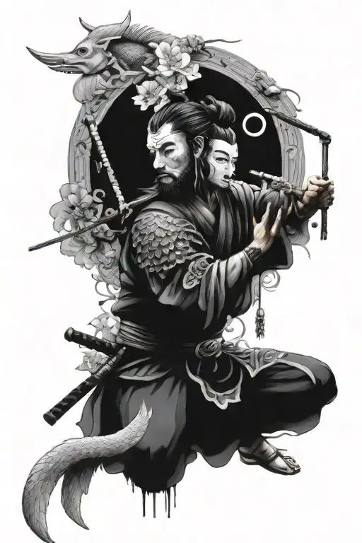All black and white Japanese inspired samurai with avatar moon and ocean spirit coy fish. One Full color Graffiti flower tattoo design idea