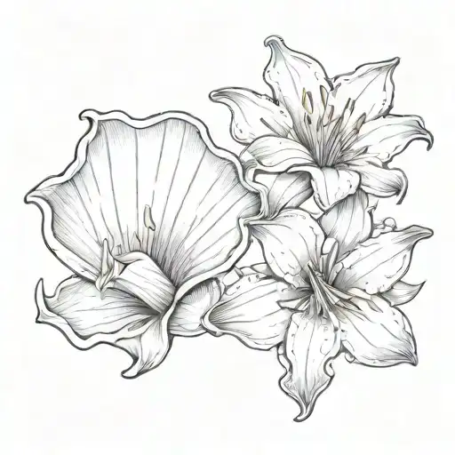 3 sea shells in a row with  lillies tattoo design idea