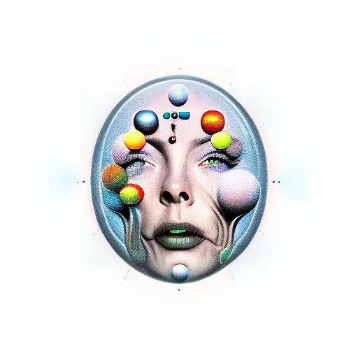 Surreal face with floating spheres tattoo design idea
