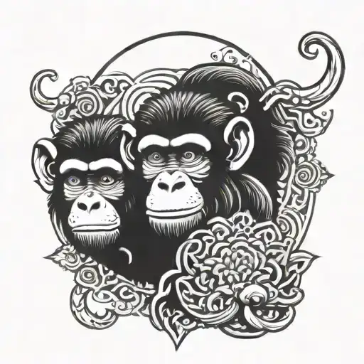 Three wise monkeys forming a mandala background with negative space letters hidden within the design tattoo design idea
