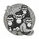 Three wise monkeys forming a mandala background with negative space letters hidden within the design tattoo design idea