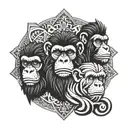 Three wise monkeys forming a mandala background with negative space letters hidden within the design tattoo design idea