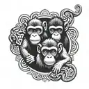 Three wise monkeys forming a mandala background with negative space letters hidden within the design tattoo design idea