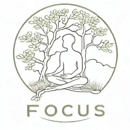 A tranquil scene of a person meditating under a tree with the word 'focus' subtly incorporated tattoo design idea