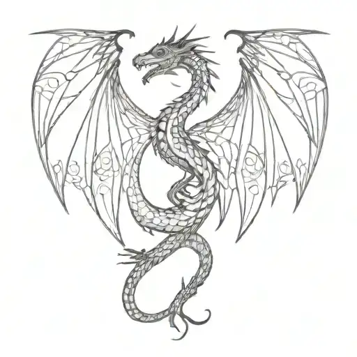 A minimalist tattoo featuring a dragon with its wings made up of intricate patterns inspired by the inner workings of the human mind tattoo design idea