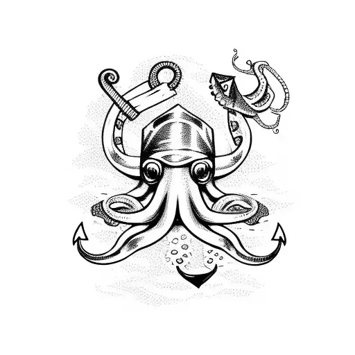 octopus wearing dive helmet holding a boat, an anchor and a trident tattoo design idea