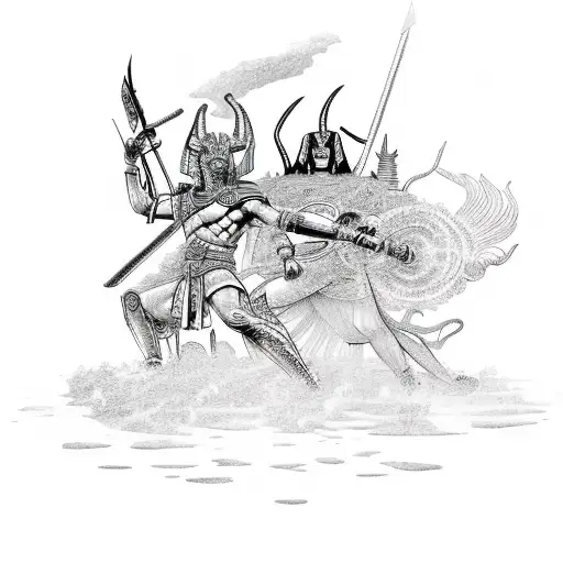Susano , Thanatos, Loki and Anubis fighting in a war against each other  tattoo design idea