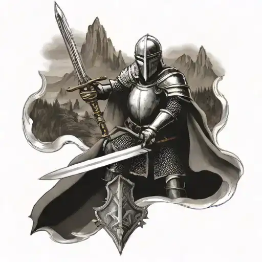 sword, mountain, medieval knight with sheild   tattoo design idea
