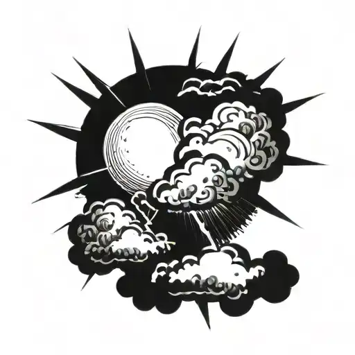 half a sun behind cloud with thunderbolt   tattoo design idea