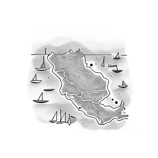 A dotwork tattoo of a map of Italy, with a winding road leading to the coast, where a bicycle is parked by the sea. tattoo design idea