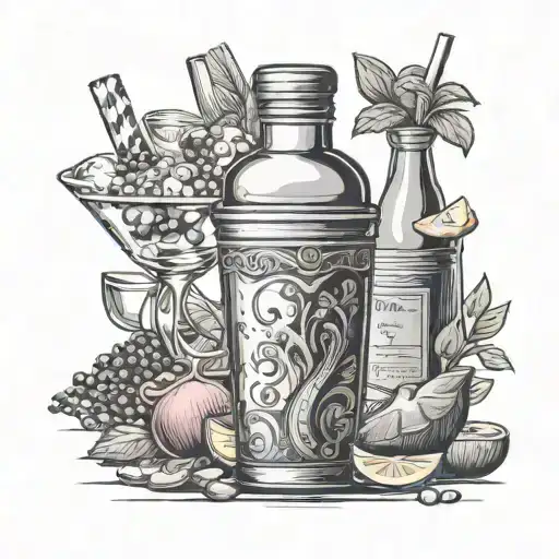 A sleek and stylish cocktail shaker surrounded by classic cocktail ingredients tattoo design idea