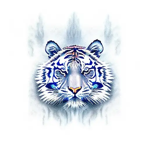 Tiger with blue eyes and clouds aroud it tattoo design idea