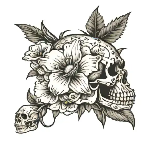 A skeleton in a field of petunias, aster, and lilies tattoo design idea