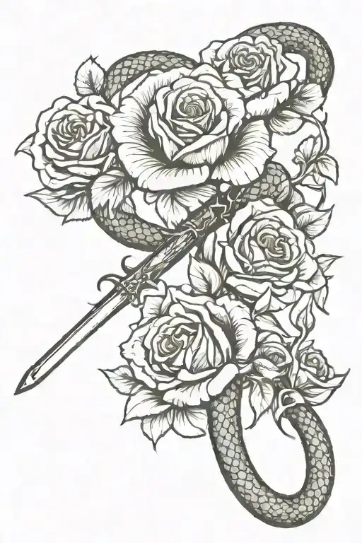 long snake with sword and rose tattoo design idea