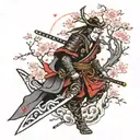 samurai warrior and cherry blossom tree growing tattoo design idea