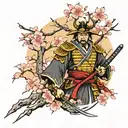samurai warrior and cherry blossom tree growing tattoo design idea