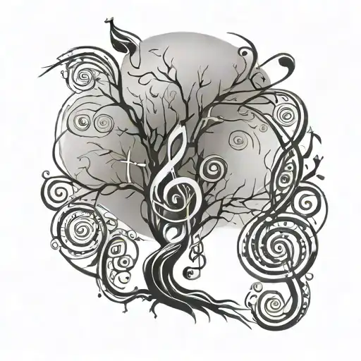tribal tree with roots and branches, musical notes, wind instruments and a tribal sun with treble clef centralized tattoo design idea
