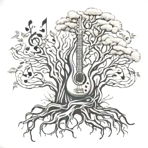 tribal tree with roots and branches with musical notes and wind instruments in the place of the leaves tattoo design idea