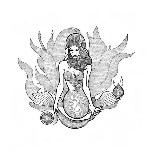mermaid holding a candle in her left hand as she looks around a room full of diamonds and pills tattoo design idea
