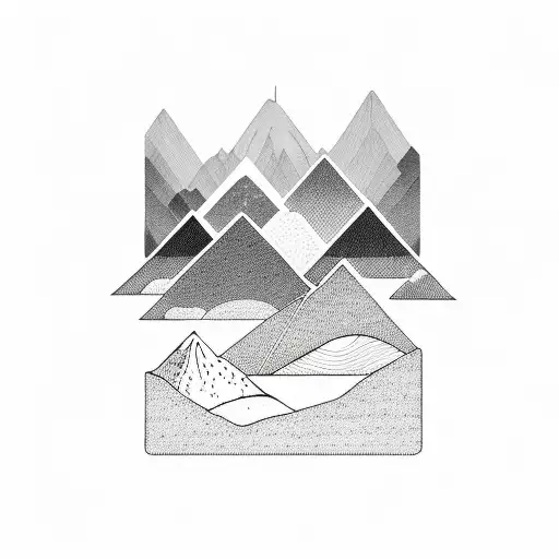 mountains and a small red sunrise in minimal line arts tattoo design idea