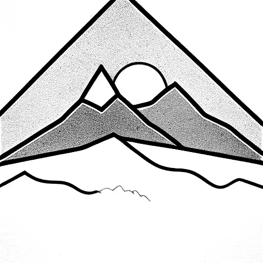 mountains and red sunrise in minimal line arts tattoo design idea