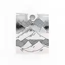 mountains and a small red sunrise in minimal line arts tattoo design idea