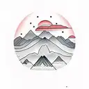mountains and a small red sunrise in minimal line arts tattoo design idea