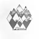 mountains and a small red sunrise in minimal line arts tattoo design idea