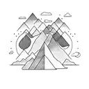 mountains and a small red sunrise in minimal line arts tattoo design idea