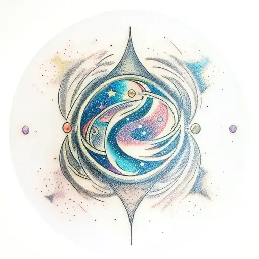 hourglass filled with swirling stars and celestial elements, chaotic, vastness of the universe, paradoxal tattoo design idea