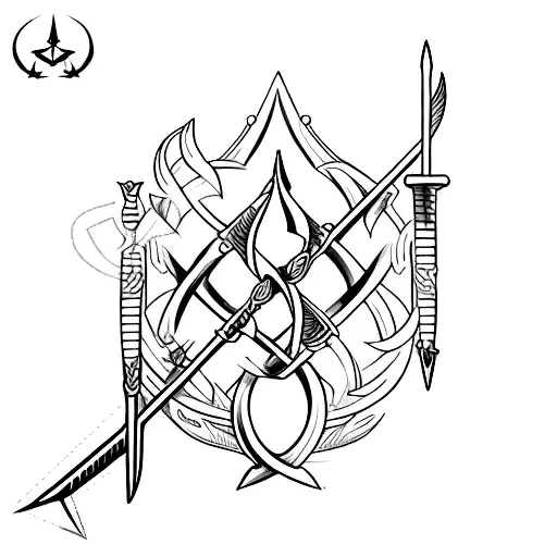 trident with sharp arrow heads at the prongs and a long sword attached on the handle tattoo design idea