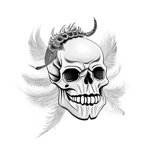 a laughing skull in a feathered headdress tattoo design idea